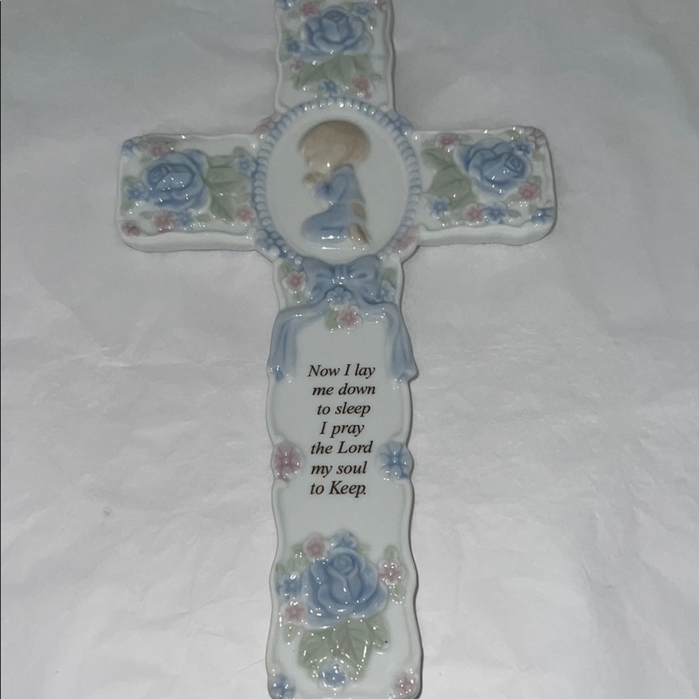 Inspirational Porcelain Cross with Blue Floral kneeling Praying Boy Cross